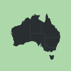 Dark silhouette map of Australia with state borders isolated on a light green b © Tasker