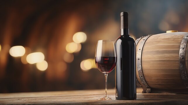 Elegant wine bottle and glass on a rustic table.
