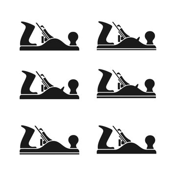 Black silhouette of a classic wood plane tool, repeated pattern on white background