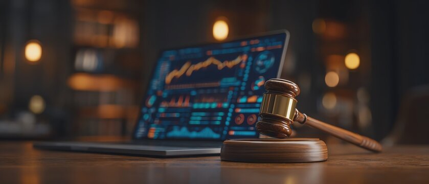 Gavel on desk with laptop displaying data charts.