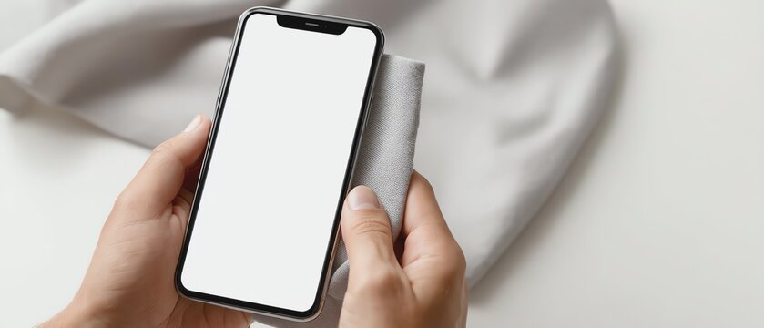 Hand holding smartphone with blank screen.