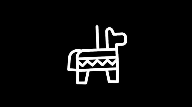 Simple white donkey pinata icon on a black background, minimalist celebration symbol
