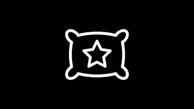 Simple white outline icon of a pillow with a star in the center on a black background