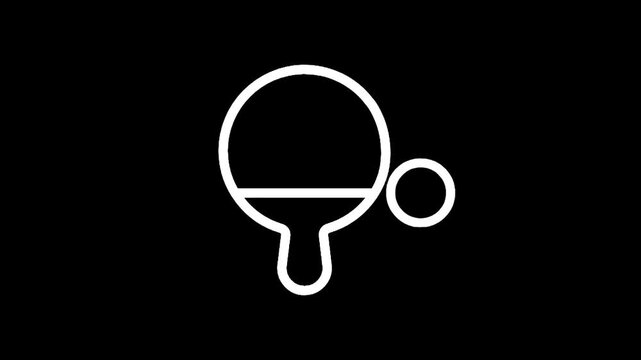 Simple white outline of a ping pong paddle and ball on a black background