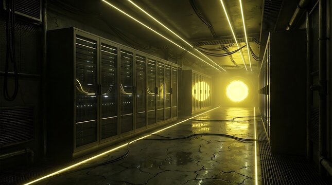 Futuristic server room with yellow neon lights and large computer cabinets