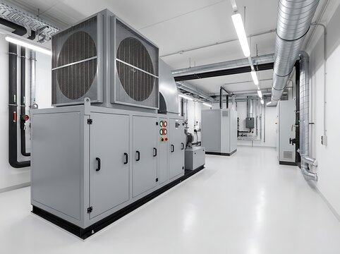 Industrial hvac system in modern data center mechanical room with white epoxy flooring