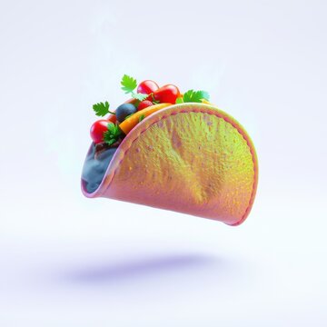 Colorful taco floats. Vibrant filling visible, including tomatoes, olives, cilantro. Bright yellow shell contrasts soft background. Delicious food presentation.