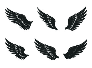 Fototapeta premium Set of five black angel wings with detailed feather textures arranged in various positions on a white background