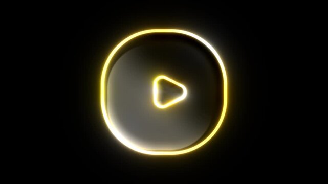 Glowing yellow neon play button animation floating against a dark black screen in motion video