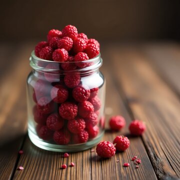 Glass jar filled with dried schizandra berries in a rustic wooden background, health supplement, dried fruit, culinary ingredients