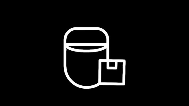 Simple white line art icon of a bucket and a small box on a black background