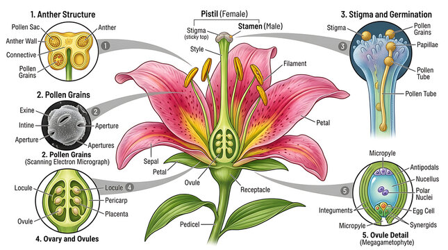 The detailed illustration of a pink lily flower shows its anatomy, stamens, and pistils in a scientific diagram with labeled parts.
