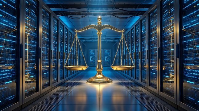 Balancing justice and technology in a futuristic server room with a gold scale