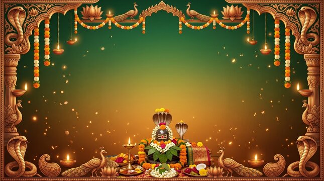 Nag Panchami festival backdrop, green and amber gradient blend, ornate Hindu-inspired border decorations, floating luminous particles,