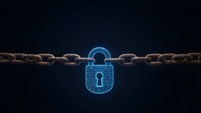 Cyber security connection concept with a glowing blue digital padlock linking two heavy rusty metal chains together.
