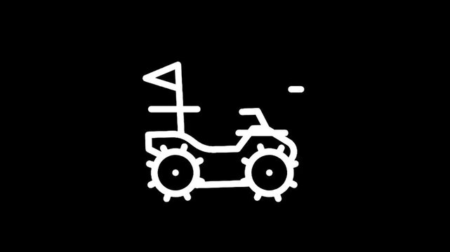 Simple line art icon of a quad bike with a flag on a black background