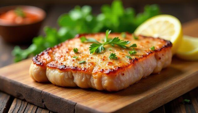 Golden brown veal cutlet on a wooden cutting board with herbs and lemon slices, fried cutlet, italy food, fried veal cutlet