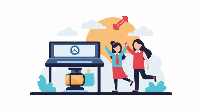 Cartoon illustration of two happy women standing next to a large laptop with a clock on the screen and a projector