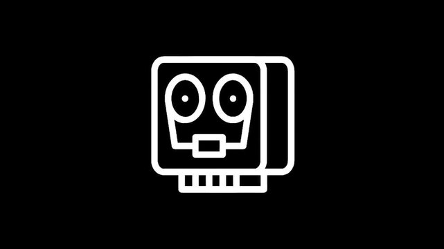 Simple white line art robot head icon on a black background