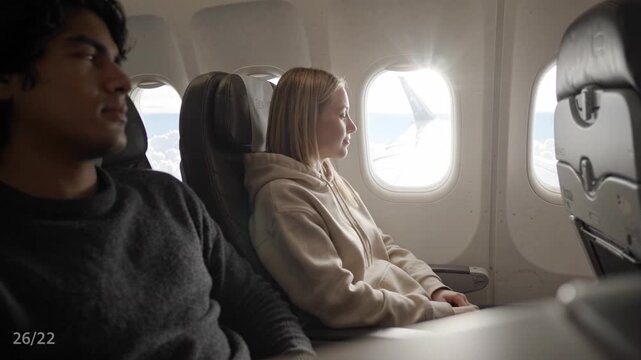 A Serene Journey Above the Clouds: Two Passengers Relax Together on a Window Seat of an Airplane, Enjoying the View Outside the Cabin