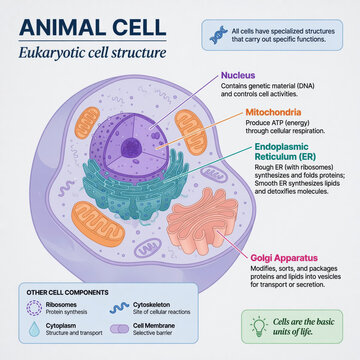Animal cell eukaryotic cell cell diagram biology education nucleus mitochondrion endoplasmic reticulum golgi apparatus ribosome cytoplasm structure infographic for science learning and classroom
