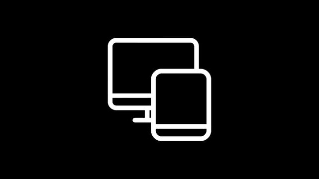 Simple white line art icon of a desktop monitor and a smartphone on a black background