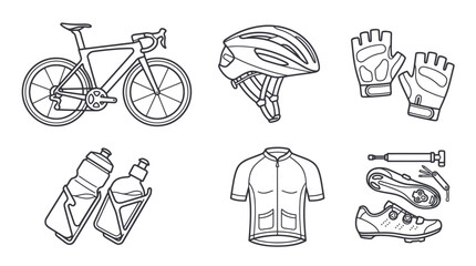 Fototapeta premium Cycling gear and bicycle equipment icons in line art style