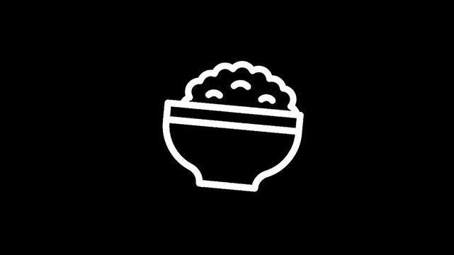 Simple white line art icon of a bowl filled with rice on a black background