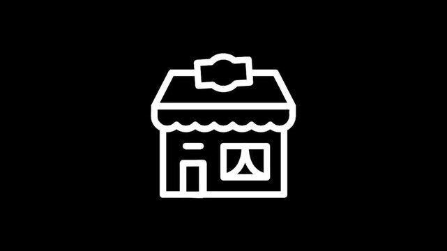 Simple line art icon of a storefront with a sign and awning on a black background