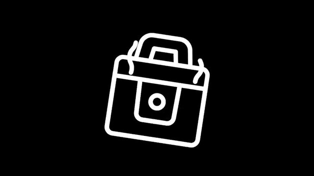 Simple white line art icon of a briefcase on a black background
