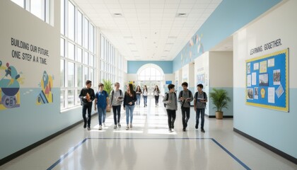 Fototapeta premium Busy school hallway with students walking past wall posters and displays.