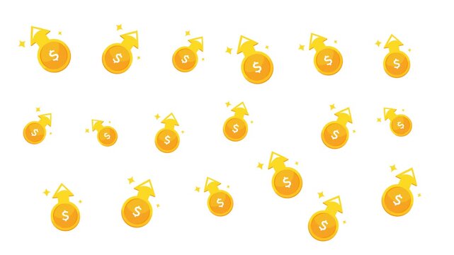 Many sparkling gold coins with arrows showing financial growth success. Suitable for finance, investment, success, and wealth concepts.