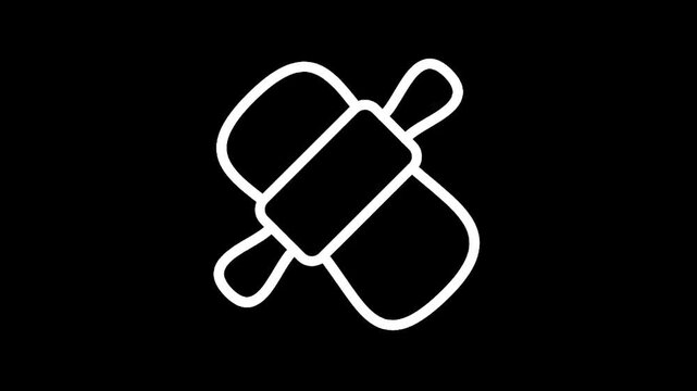 Simple white outline of a rolling pin crossed over a bandage on a black background