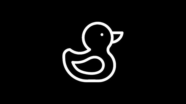 Simple white outline of a rubber duck on a black background, minimalist icon