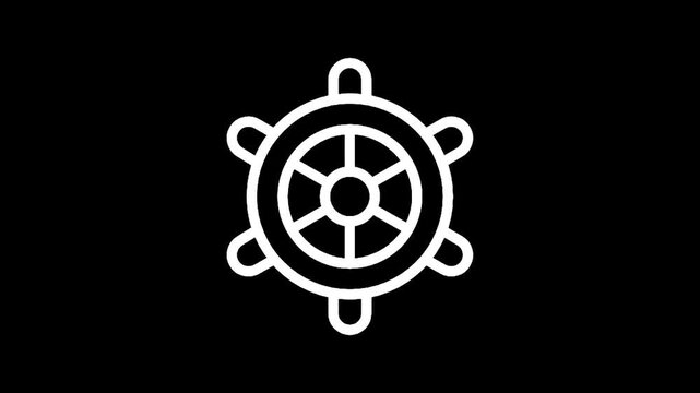 Simple white ship's wheel icon on a black background, representing navigation and control