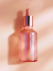 Naklejka premium Out of focus rose gold serum bottle with dropper on soft pastel background, highlighting the elegant design and reflective surface of the container