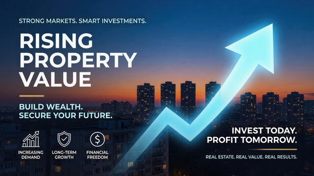 Rising property value real estate investment urban skyline financial growth blue arrow city apartment high rise building wealth concept investment banner property market optimism