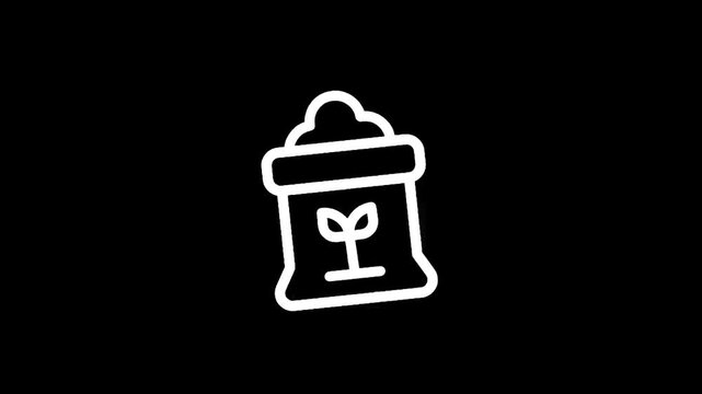 Simple white line icon of a bag with a sprout growing from it on a black background
