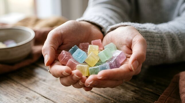 Hands holding colorful translucent gummy candies on wooden table, close-up shot