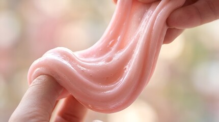 Fototapeta premium Pink Slime Play: Close-up of Hands Stretching and Squishing Gooey Toy