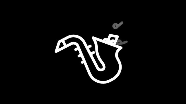 Stylized outline of a saxophone with musical notes floating above it on a black background
