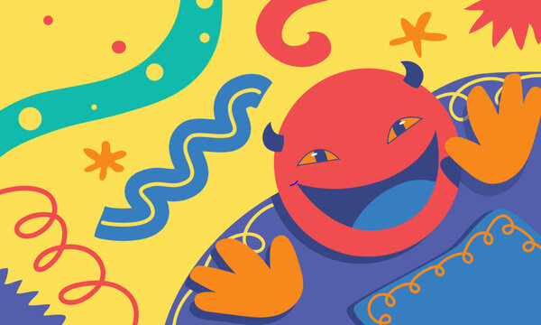 Fun and Vibrant Y2K Style Cartoon Monster Characters, Cute Scribbles, and Abstract Geometric Elements Vector Asset