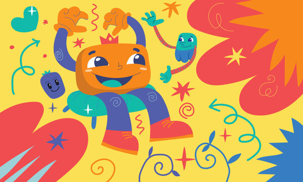 Fun and Vibrant Y2K Style Cartoon Monster Characters, Cute Scribbles, and Abstract Geometric Elements Vector Asset