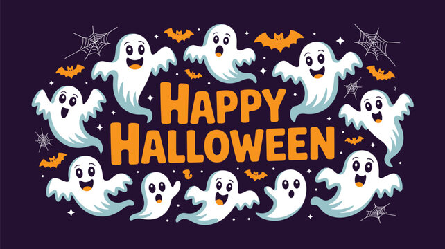 Happy Halloween greeting card features a group of friendly white ghosts flying among bats and spiderwebs on a dark purple background.