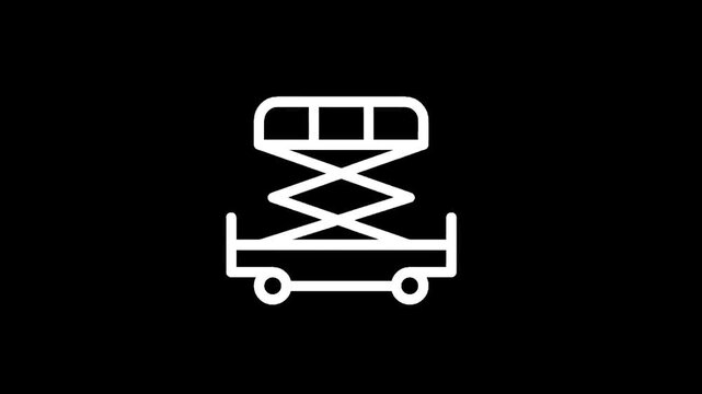 Simple white line art icon of a scissor lift on a black background