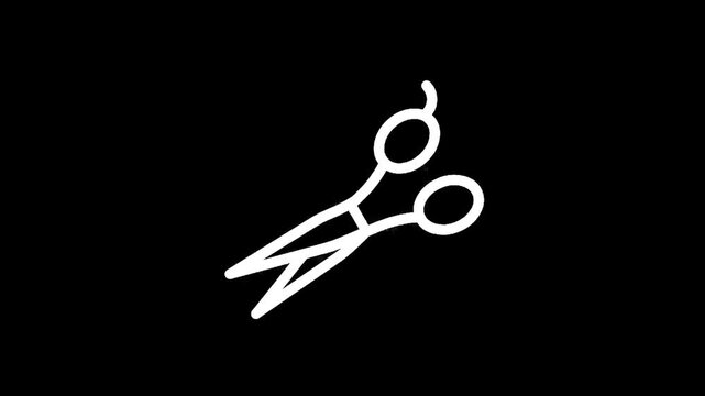 Simple white line art icon of scissors on a black background