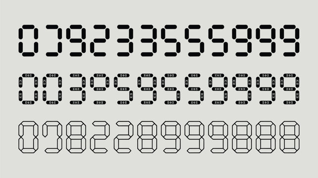 Collection of digital clock numbers in three different font styles provides a versatile set of electronic digits for UI design.