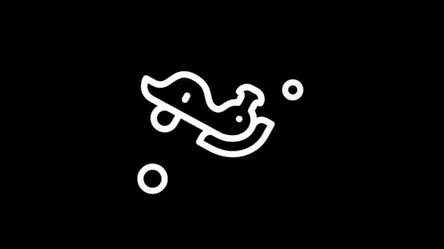 Simple white line art icon of a rocking horse with wheels and bubbles on black background