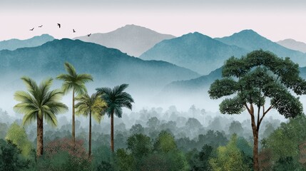 Fototapeta premium Serene Landscape of Lush Mountains with Palm Trees and Misty Forests under Soft Sky, Ideal for Nature and Travel Themes in Stock Photography