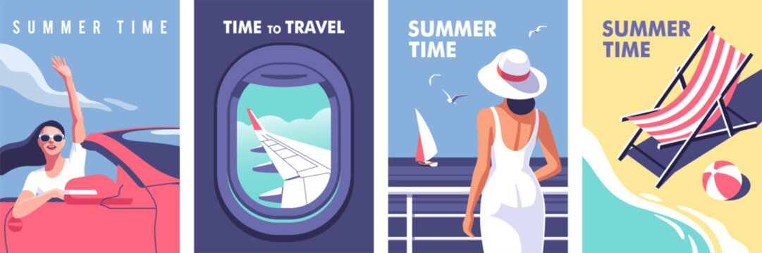 Summer time. Concept of summer party and travel. Perfect background on the theme of season vacation, weekend, beach. Vector illustration in minimalistic style for posters, cover art, flyer, banner.